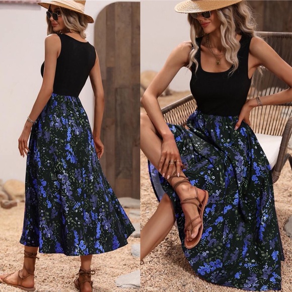 🖤 BOHO BLACK BLUE FLORAL MAXI DRESS! - Picture 2 of 5